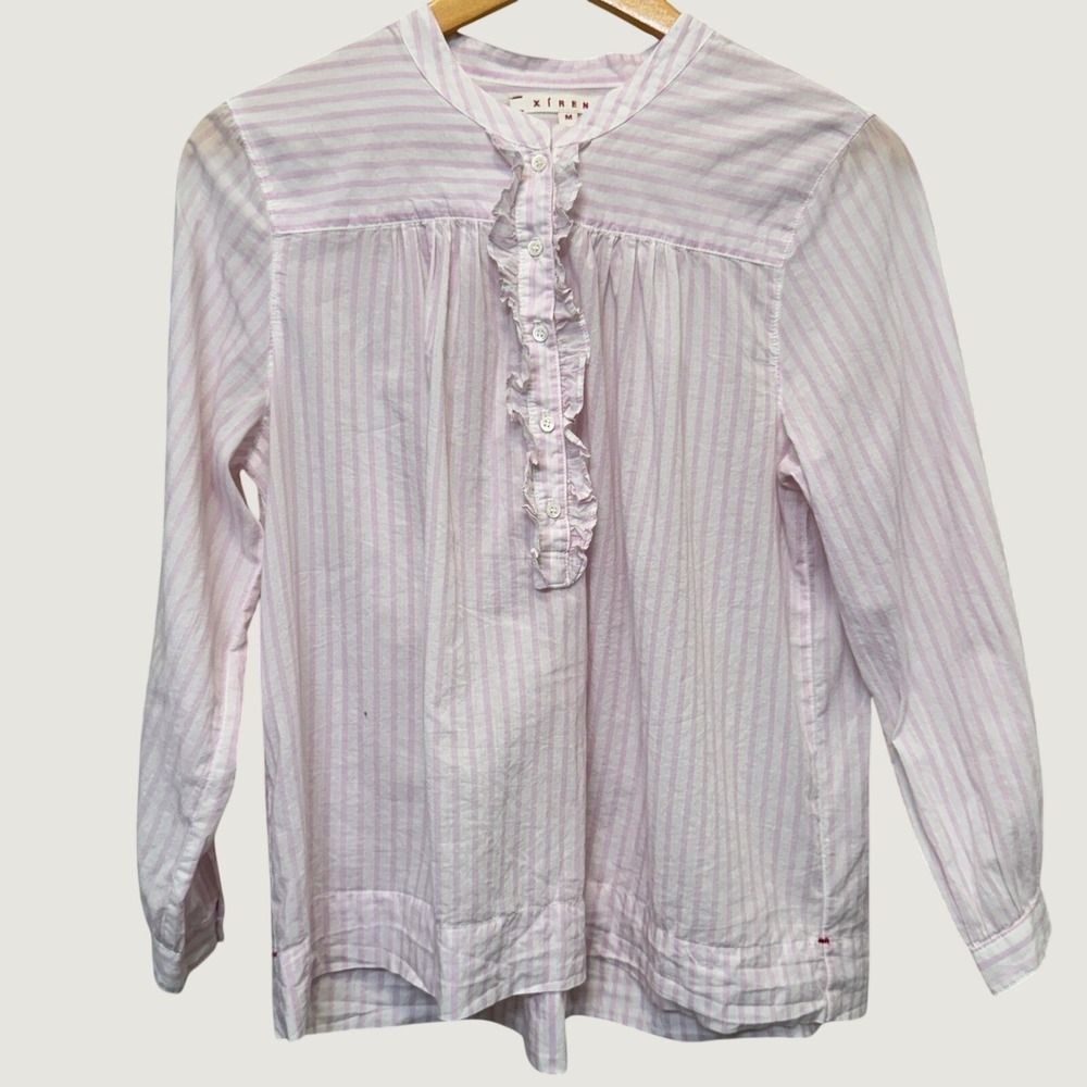 Xirena Frankie Ruffle Blouse M Pink White Stripe Button Up Coastal Romantic USA